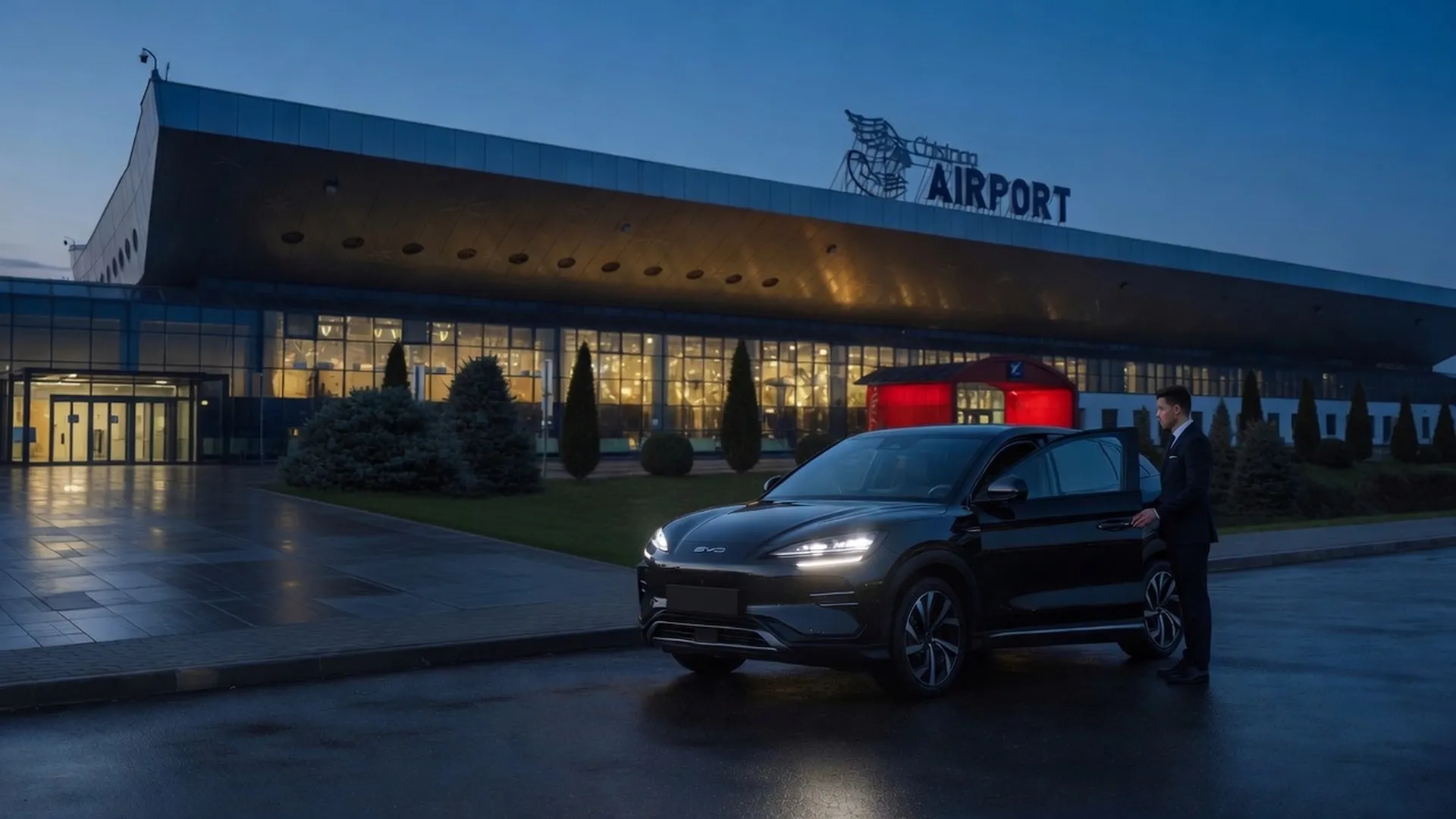 Terminalul Aeroportului Internațional Chișinău seara, cu un SUV negru și șoferul lângă ușa deschisă
